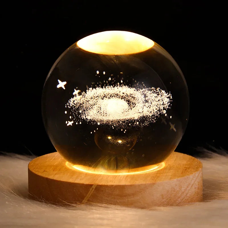 LED moon lamp glowing on wooden base - bedroom decor night light