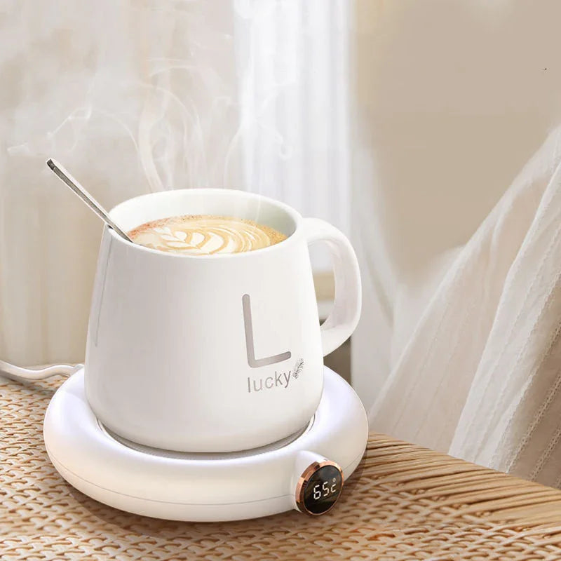 White coffee cup on smart mug warmer