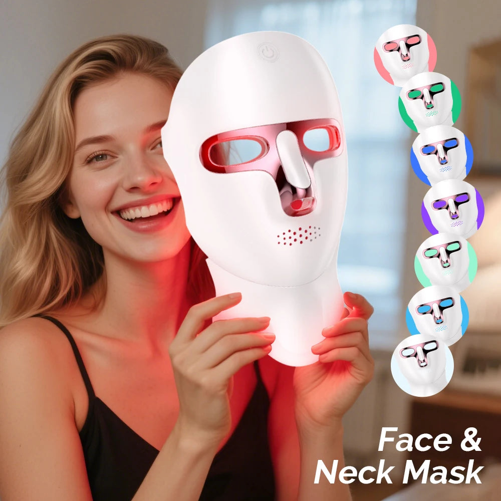 LED Face Mask Light Therapy - Woman Using Wireless Photon Treatment