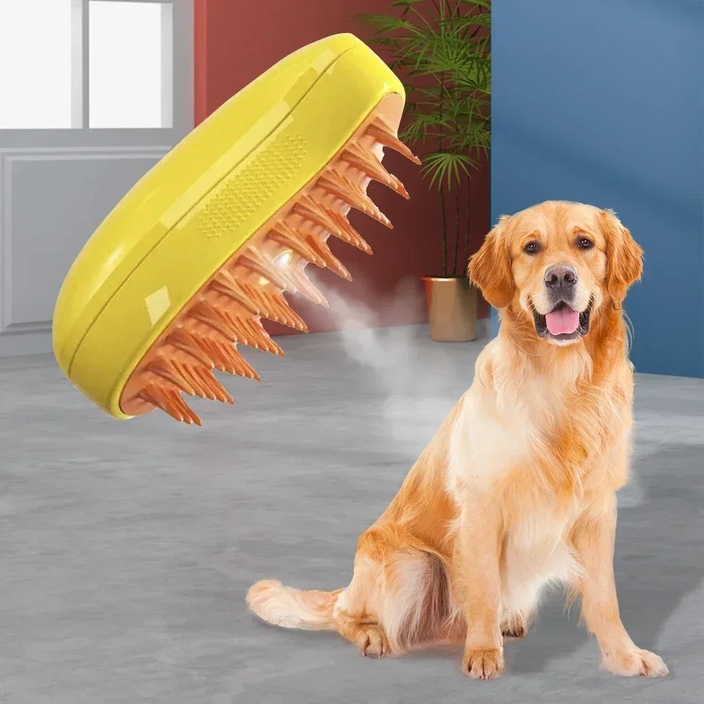 Golden retriever grooming with professional steam brush