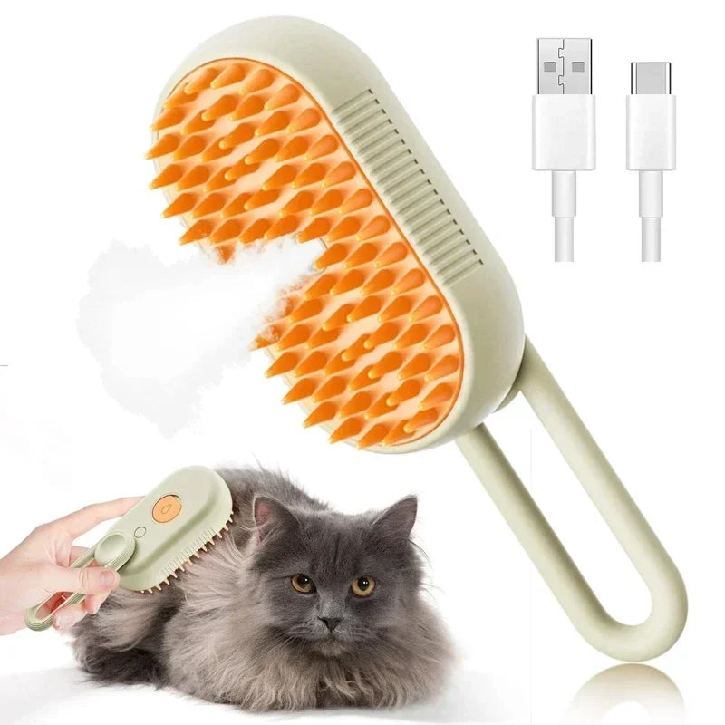 Cat enjoying steam brush grooming session