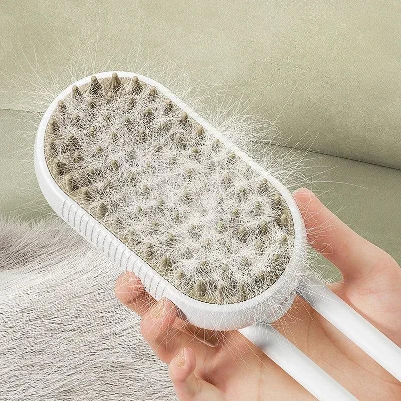 White steam brush with soft bristles for sensitive pets