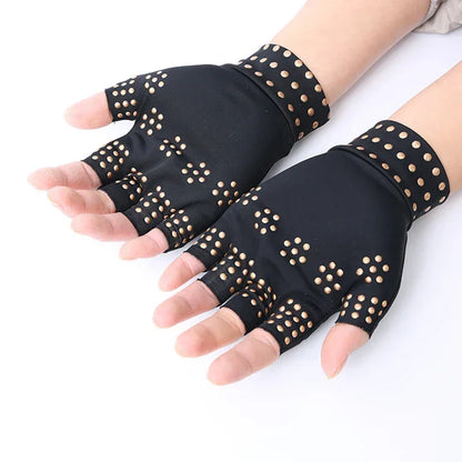Beige magnetic compression gloves with therapeutic pressure points for arthritis