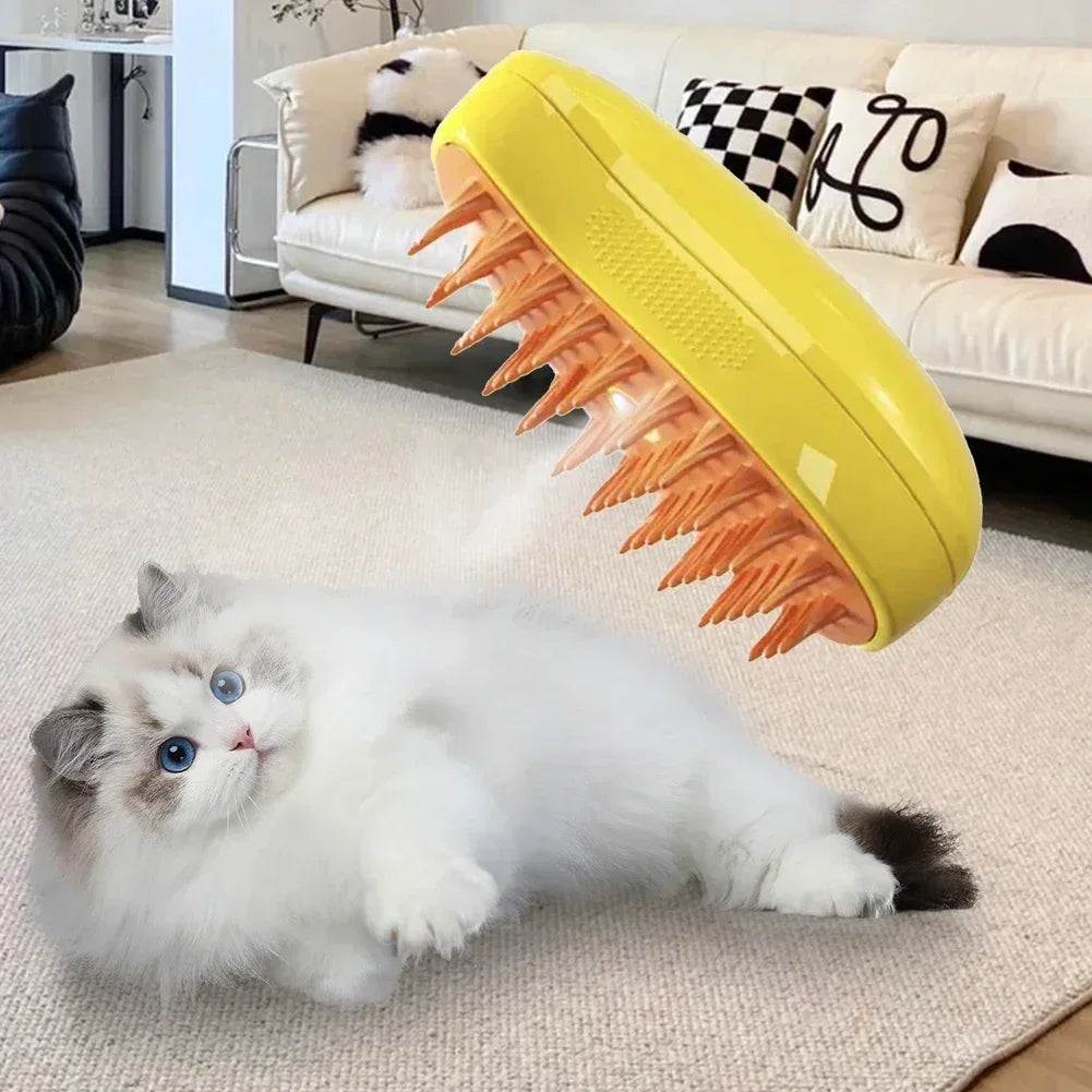Cat grooming steam brush - removing loose fur