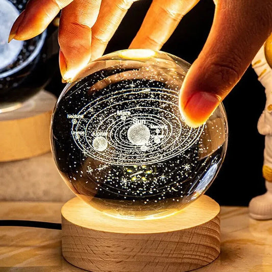 3D moon lamp with galaxy design on wooden base - touch control LED night light