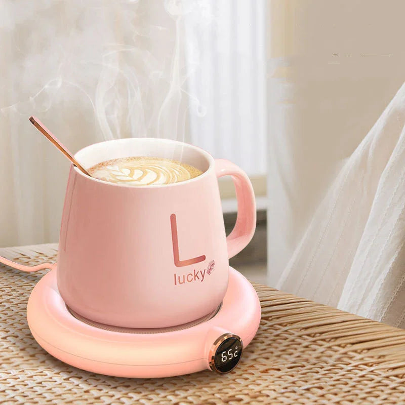 Smart mug warmer heating pad with pink coffee cup